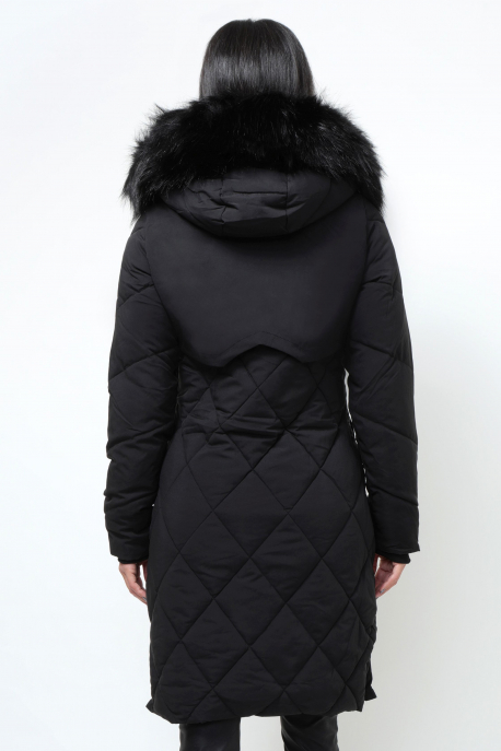 AMNESIA Rombusz steppelt szőrmés kapucnis kabát fekete-2