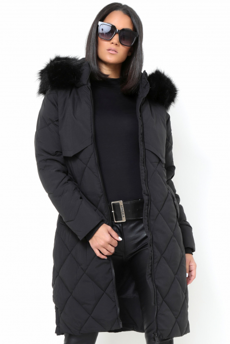 AMNESIA Rombusz steppelt szőrmés kapucnis kabát fekete-6
