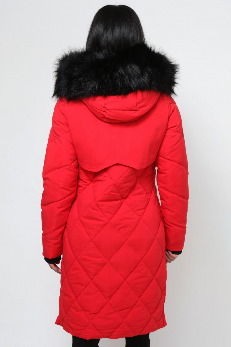 AMNESIA Rombusz steppelt szőrmés kapucnis kabát piros-2