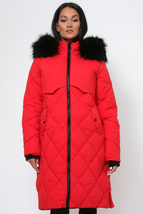 AMNESIA Rombusz steppelt szőrmés kapucnis kabát piros