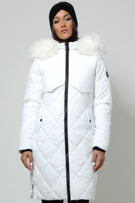 AMNESIA Rombusz steppelt szőrmés kapucnis kabát fehér