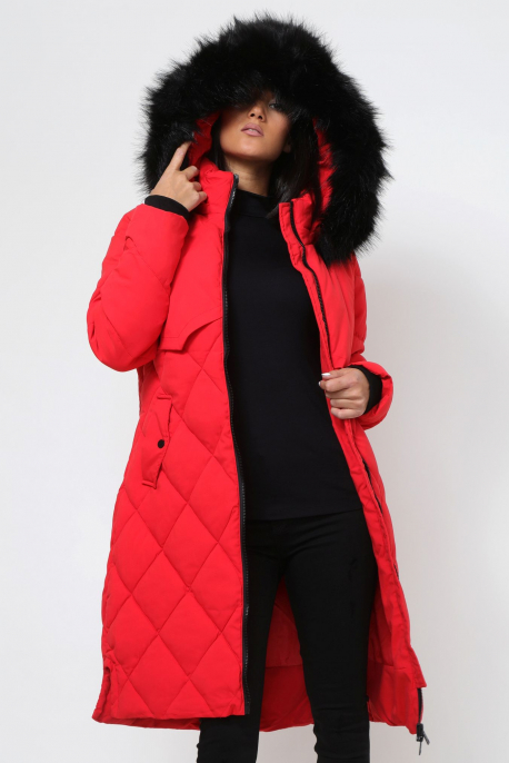 AMNESIA Rombusz steppelt szőrmés kapucnis kabát piros-3