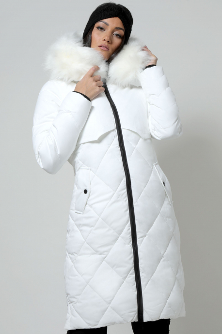 AMNESIA Rombusz steppelt szőrmés kapucnis kabát fehér-1