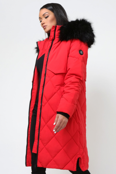AMNESIA Rombusz steppelt szőrmés kapucnis kabát piros-4