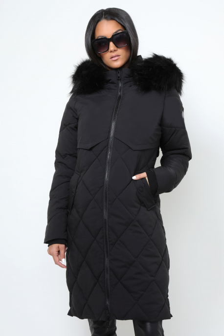 AMNESIA Rombusz steppelt szőrmés kapucnis kabát fekete